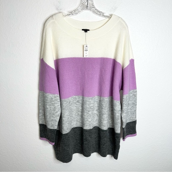 Talbots Sweater Women 3X Chunky knit Color Block Stripe Soft Cream Purple Gray W - Picture 1 of 7